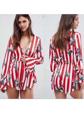 ASOS Red and White Striped Floral Wrap Romper